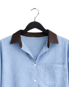 Conjunto de Dos Piezas para Mujer: Camisa Azul Claro y Pantalones Anchos Color Chocolate, Estilo Casual de Algodón y Lino, Fabricante OEM Personalizado - Product Image 5