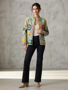 Chaqueta de Tela TNT Bordada con Suzani Verde de Lujo para Mujer, Hecha a Mano, Multicolor, Estilo Bohemio, Venta al Por Mayor B2B, Ropa Exterior de Moda - Product Image 3