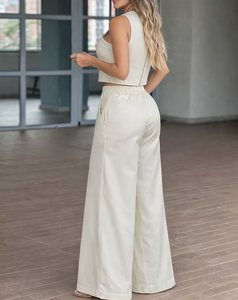 Women's for 2-Piece Set Sleeveless Crop Top Wide Leg Pants Casual Solid Polyester/Cotton Breathable Pocket Summer - Product Image 2