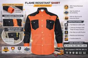 Camisa Ignífuga CAT2 Resistente a las Llamas 8.2cal/cm2 ATPV NFPA 2112 al por Mayor, Nivel de Protección, Color Rojo y Negro, Ligera, de Algodón, para Soldadura - Product Image 2