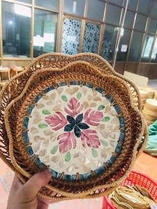 Mosaic Rattan Serving Tray with Mother Pearl Inlay Round Wicker Tray for Dinning <b>Table</b> Natural Boho <b>Table</b> Decor, Rustic Gift - Product Image 4