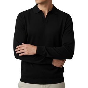 Camisas Polo Negras de Manga Larga para Hombre, Cuello Johnny, Corte Relajado, Tejido Suave, Estilo Casual - Product Image 3