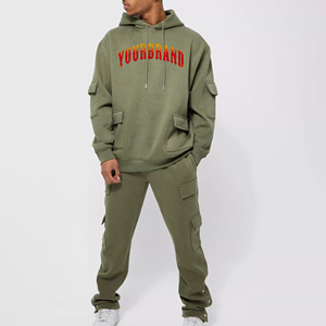 Custom Streetwear Men's Olive Green Hooded Tracksuit Set Front Logo Side Pockets Quick Dry Polyester Fleece Regular Fit Sporty - Product Image 1