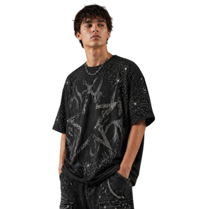 Camisas de hombre personalizadas al por mayor, de color liso, con adornos, hombros caídos, cuello redondo, estilo urbano, transpirables, 100% algodón, con pedrería. - Product Image 5