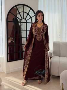 Awais House Women's Maroon Embroidered Chiffon Polyester Lightweight <b>Plus</b> <b>Size</b> Modest Floor-Length Abaya Sweetheart Neckline - Product Image 1
