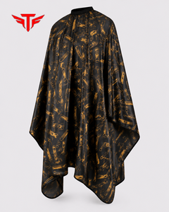 Cape de barbier noire personnalisée avec impression d'outils de barbier dorés, en polyester imperméable, pour salon de coiffure, unisexe adulte - Product Image 5