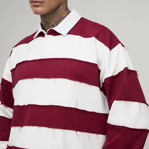 Polo à manches longues rayé pour homme grande taille, tricoté, style rugby décontracté, color block blanc et bordeaux - Product Image 3