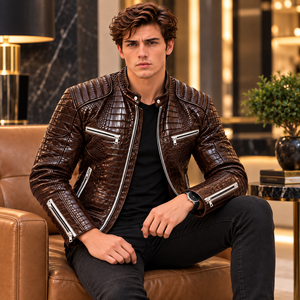 <b>Mens</b> Dark <b>Brown</b> for Embossed Genuine <b>Leather</b> Breathable Winter Biker Motorcycle <b>Jacket</b> Luxury Custom OEM Wholesale - Product Image 5