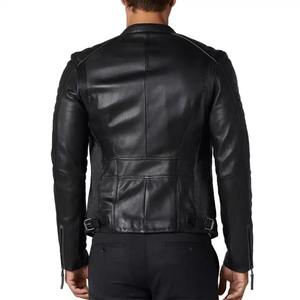 Veste en cuir véritable noire pour homme, coupe slim, style motard, fermeture éclair, col montant, mode décontractée, streetwear - Product Image 3