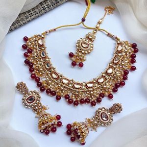 Premium quality dual tone Emerald Green Doublet Stones Uncut Moissanite Polki Kundan Wedding Jewelry Necklace <b>Set</b> inspired - Product Image 4