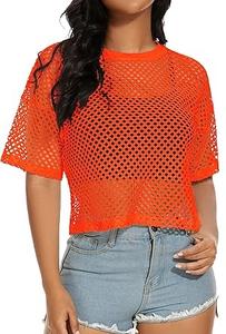 Women's Sexy Club Solid Color T Shirts Mesh Tank <b>Top</b> Short Sleeve Customizable T-Shirt Fishnet Sheer Womens Tees Shirts - Product Image 5
