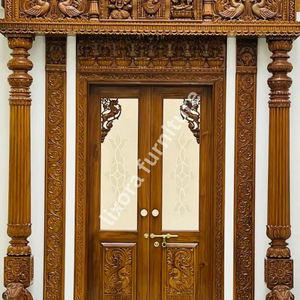 Porte d'entrée principale double en bois massif, artisanale de luxe, avec sculptures florales ornementales, de qualité supérieure - Product Image 5