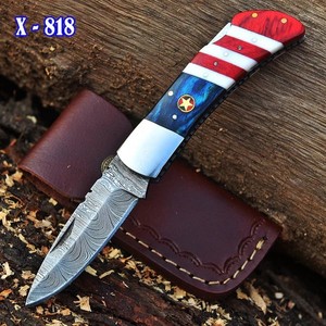 Cuchillo Plegable Premium OEM de Acero de Damasco con Hoja de Punta Caída y Mango con Bandera Americana, Cuchillo de Camping con Funda de Cuero - Product Image 1