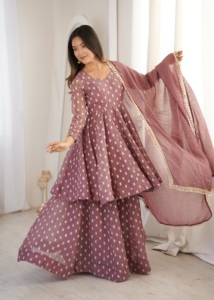 Women Ethnic Wear Heavy Crunchy Silk Jacquard Butti Kurti With Palazzo And Lace Border Dupatta Set Ready To Wear Festive Outfit - Product Image 1