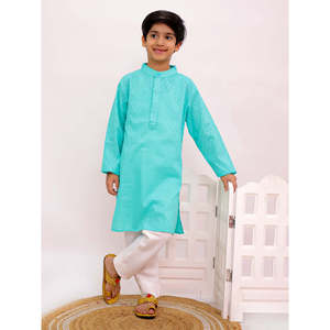 Kurta traditionnel indien en coton pour garçons avec pyjama bleu et blanc imprimé, manches longues, toutes tailles XS-XL, ensemble salwar cousu - Product Image 1