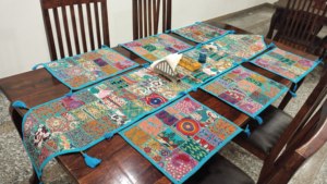 Handmade Embroidery Bohemian Floral 100% Cotton Eco-Friendly Anti-Slip <b>Table</b> <b>Runner</b> Set with 6 Mats for Home & <b>Wedding</b> Decor - Product Image 4