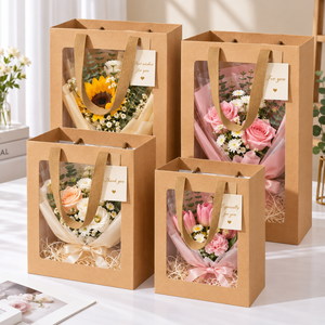 Kraft Paper <b>Gift</b> <b>Bags</b> with Transparent Window Kraft Shopping <b>Bags</b> with Handles for Bouquet <b>Christmas</b> Birthdays Festivals Party - Product Image 6