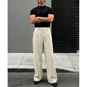 <b>Men's</b> Beige Wide Leg <b>Pleated</b> <b>Trousers</b> High Waist Casual Anti-Wrinkle Polyester Pants Autumn Style - Product Image 4