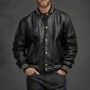 Custom Logo Genuine Varsity Jacket Men PU <b>Leather</b> Sleeve <b>Tops</b> <b>High</b> Street Motorcycle Racing <b>Leather</b> Varsity Jackets Men's - Product Image 3