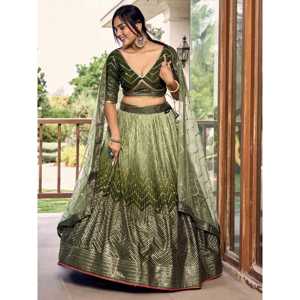 Magnifique Lehenga Choli en chinon vert à paillettes, semi-cousu, vêtements Zeel, tenue Mehendi - Product Image 6