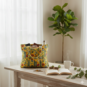 Bolsa de Mano Acolchada de Terciopelo de Algodón Estampado, Estampado Floral de Cactus, Cierre de Cremallera, Asa Doble, Bolsa de Compras y Viaje de Tela Ecológica - Product Image 1