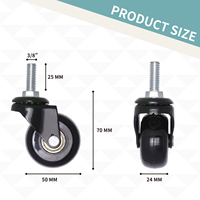 Roulettes personnalisées de 2 pouces (50 mm) noires à roulements pivotants en polyuréthane, tige filetée de 3/8 po x 25 mm, zinguées, pour usage léger, pour meubles