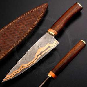 Couteau de Chef de Luxe Fait Main pour le Camping, Lame en Acier Damas, Manche en Bois, Personnalisable OEM pour Cadeau d'Anniversaire et de Noël - Product Image 6