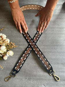 Hand <b>Tooled</b> <b>Leather</b> Bags Start Belts <b>Leather</b> Western Collection of Stylish Handmade Straps for Bags Black Color - Product Image 2