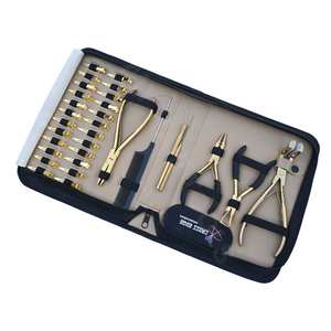 Salon <b>Hair</b> <b>Extension</b> Applicator Tools Kit Gold Finish with Bead Remover Flat Crimper Multi Use Loop Hook & Duckbill <b>Clips</b> - Product Image 1