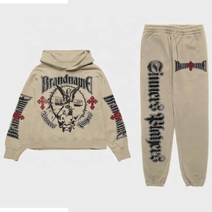 Y2K Streetwear hommes personnalisé en détresse Patch lavage à l'acide sweat à capuche zippé et pantalons de survêtement ensemble surdimensionné évasé survêtement grande taille - Product Image 5