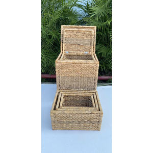 Premium Natural Handicrafts Water Hyacinth Woven <b>Basket</b> <b>Storage</b> Trunk with Colored Sedge Lid <b>Rectangular</b> Decorative Tray Vietnam - Product Image 2