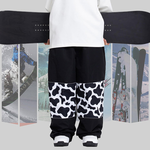 Pantalones de Snowboard Impermeables para Hombre, Estampado de Vaca, Corte Holgado, Color Negro y Blanco, Pantalones Cargo de Poliéster con Cierre de Cremallera - Product Image 6