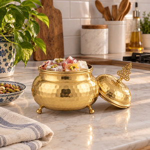 Handcrafted Hammered Brass Lidded Jar with Ornate Finial and Three Feet <b>for</b> Luxury Home Decor Giftware Wholesale Export Supplier - Product Image 2