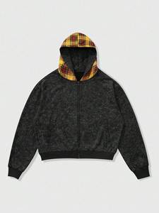 Sudaderas con capucha de lujo de algodón 100% de alto gramaje con lavado ácido, personalizadas, extragrandes, con capucha a cuadros y cremallera, estilo streetwear, venta al por mayor, ropa con MOQ bajo - Product Image 2