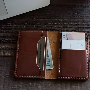 <b>Brown</b> Crazy Horse Leather <b>Men's</b> Vertical Bifold <b>Wallet</b> White Contrast Hand Stitching Slim Multiple Card Slots Cash Organizer - Product Image 5