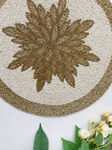 <b>Beaded</b> Round Place Mat Floral Table Mat Cream Gold Dining <b>Placemat</b> for Restaurant Hotel Home Decor - Product Image 6