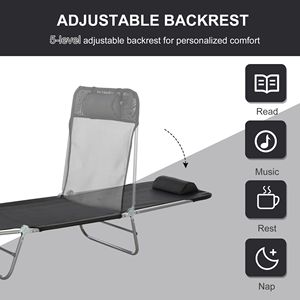 Chaise longue pliante portable en bois avec dossier réglable sur 6 niveaux et coussin pour patio, jardin, plage - Product Image 4