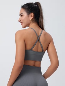 Seamless Plunge Neck Sports Bra Convertible Cross Back Adjustable Thin Straps Ribbed Elastic <b>Underbust</b> Gym Workout Bralette - Product Image 2