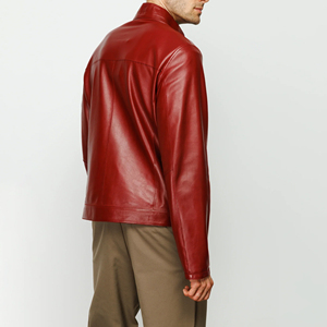 Chaqueta de Motociclista Delgada de Cuero Genuino Rojo para Hombre, Cuello Alto, Cierre de Cremallera, Manga Regular, Color Sólido, para Otoño - Product Image 2