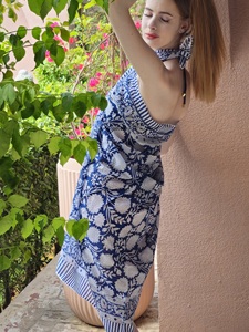 Hand Block Print Cotton <b>Sarong</b> Pareo Scarf – Floral Blue Beach <b>Wrap</b> Lightweight Summer Cover-Up Women’s Swimwear <b>Wrap</b> - Product Image 3