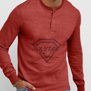 Camiseta Henley de Manga Larga Personalizada para Hombre, Mezcla de Algodón, Tejido Slub, Color Rojo Jaspeado, con Botones, Fabricante de Ropa Oxytag - Product Image 5
