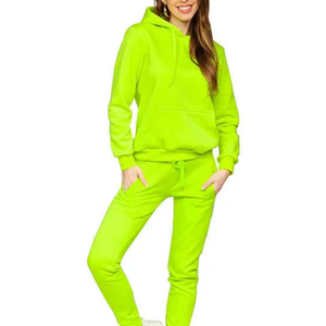 Women's Neon Green Hooded Tracksuit Full Sleeve Solid Design Casual <b>Sweatshirt</b> And Pants Set With Side Pockets - Product Image 1