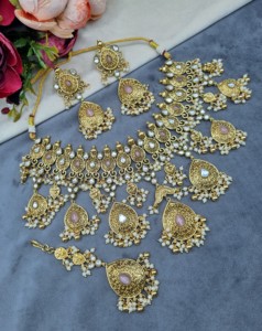 Tear Drop Motif <b>Pearl</b> Fringe <b>Necklace</b> <b>Set</b> With Earrings & Mangtika Gold Plated Wedding Reception Ethnic Jewellery <b>Set</b> Wholesaler - Product Image 1