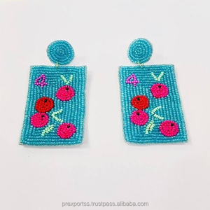 Cerise graine perle boucles d'oreilles goutte bleu rectangulaire perlé bijoux Funky Fruit Design bohème déclaration coloré fête mode cadeau - Product Image 1