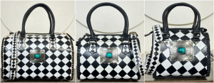Personalised 2026 Handcrafted Genuine Cowhide <b>Leather</b> speedy Bag with Turquoise Concho Designer Checkered Pattern for Unisex - Product Image 4