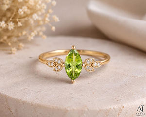 Anillo de Moissanita con Corte Marquesa y Peridoto, Chapado en Oro sobre Plata de Ley, Diseño de Racimo de Hojas, Joyería para Regalo de Boda o Compromiso - Product Image 1
