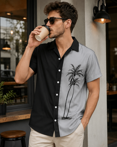 Chemise d'été noire et blanche tendance avec imprimé graphique tropical et poche élégante - Product Image 6