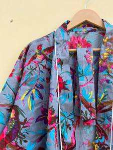 Bata Kimono de Algodón 100% Tejido con Estampado de Dibujos Animados para Mujer, Camisón de Verano Hecho a Mano, Cuello en V, Cintura Elástica, Largo Completo, ODM - Product Image 3