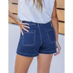 2025กางเกงยีนส์ขาสั้นเอวสูงทันสมัยสำหรับผู้หญิง, กางเกงยีนส์ยืดขาสั้นลำลองฤดูร้อนตัดตรงมีกระดุมตกแต่งแบบมีกระเป๋าแบน - Product Image 2