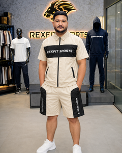 REXFIT SPORTS 2026 Ensemble de survêtement personnalisé pour homme en nylon beige à manches courtes, veste zippée intégrale et short, vêtements de sport sur mesure - Product Image 3